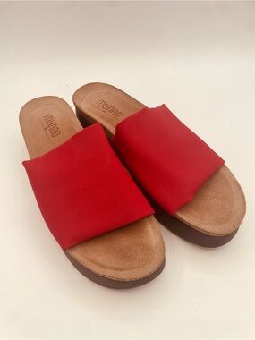 Munro Slide Slip On Open Toe Fabric Comfort Red Platform Cork Shoes Size 9.5 N